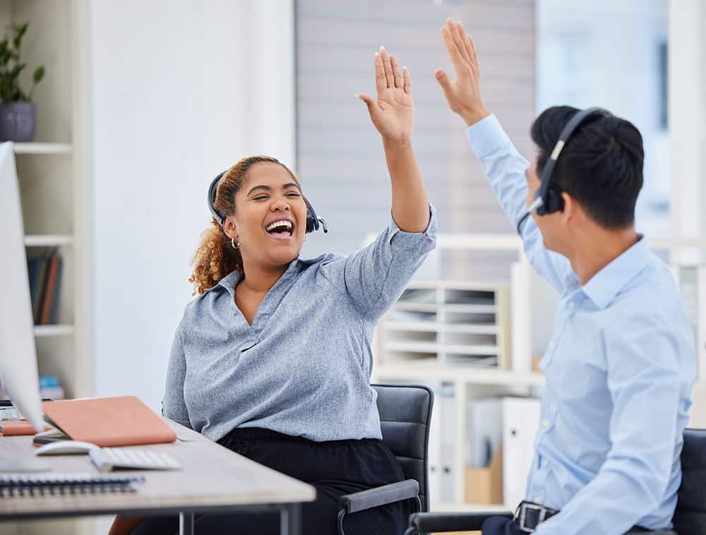 Call center, man and woman with high five