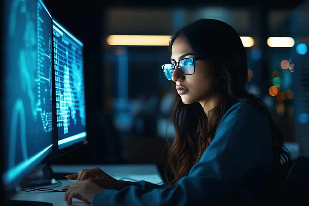 Young Female Artificial Intelligence Engineer Working on Computer in a Technological Office.