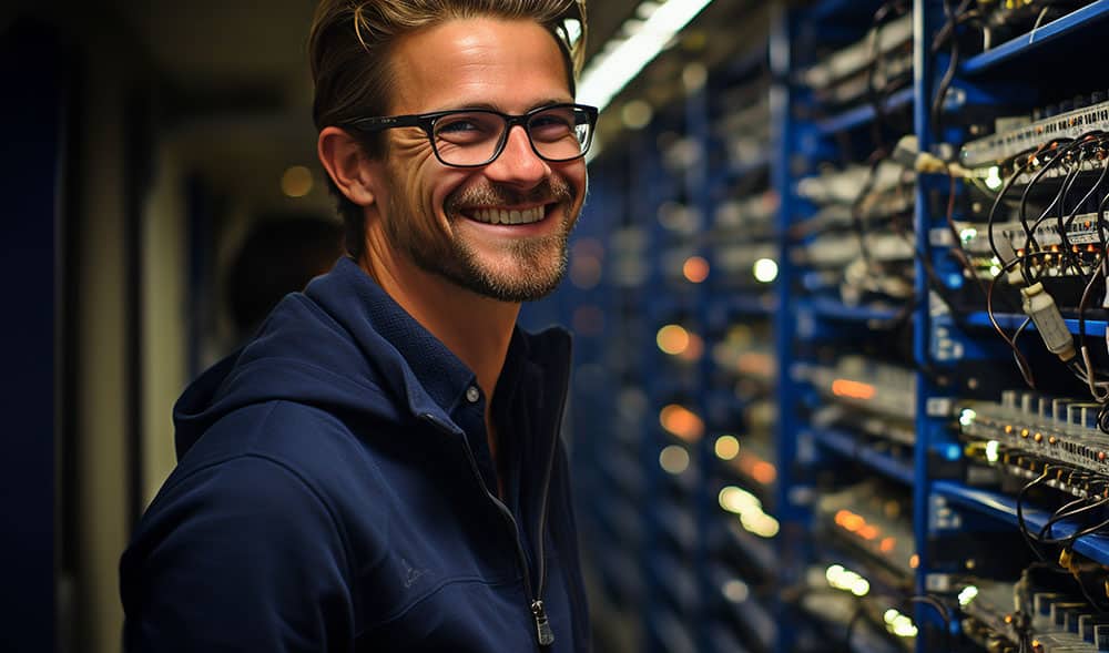 a young engineer working in a data centre server room