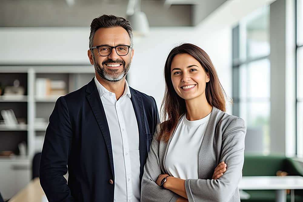 Male and female business couple posing smiling at their business